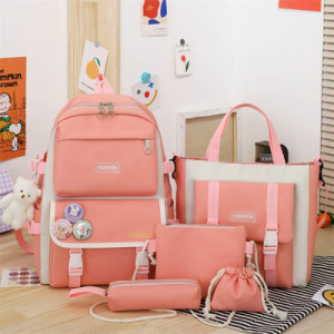 Комплект рюкзак из 5 предметов, арт Р68, цвет:розовый с брелком