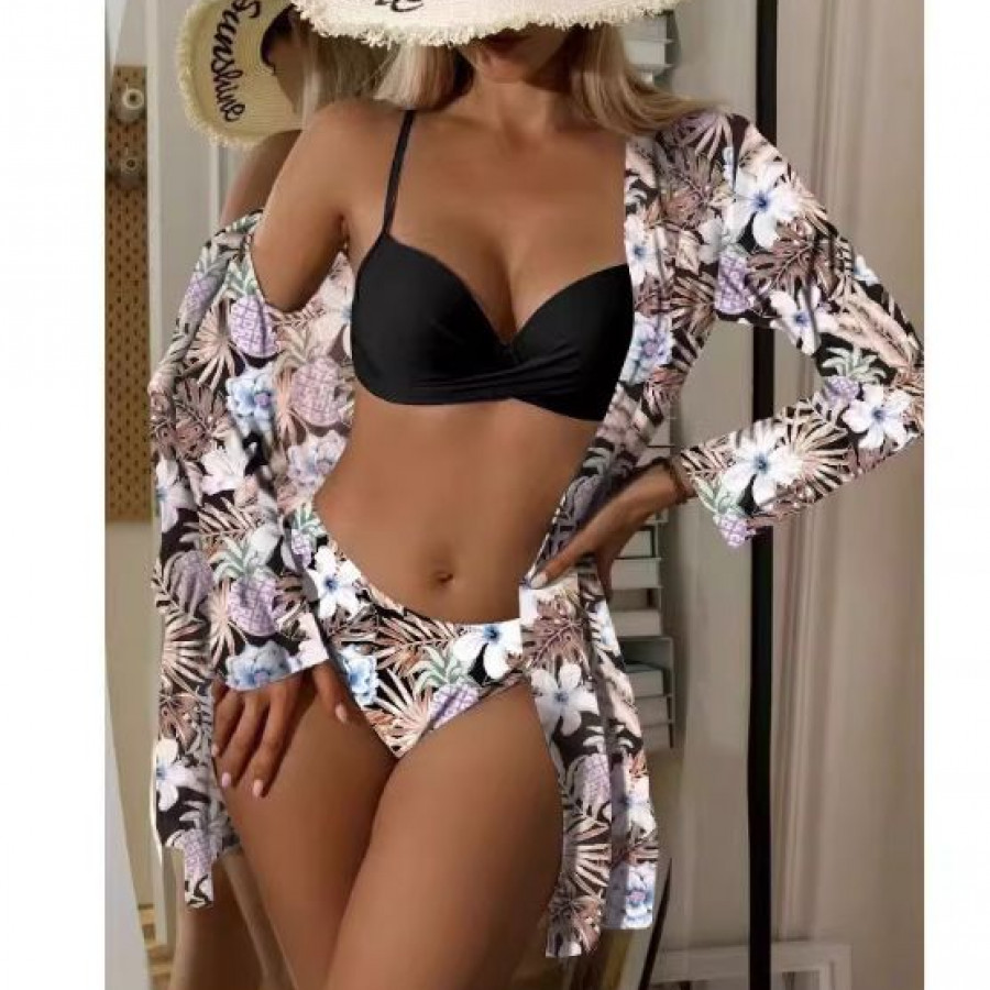 Купальник из 3 частей, арт КП1, цвет: чёрно-белые цветы