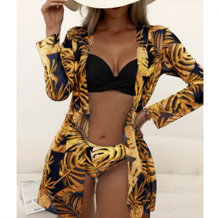 Купальник из 3 частей, арт КП1, цвет: черные и желтые листья