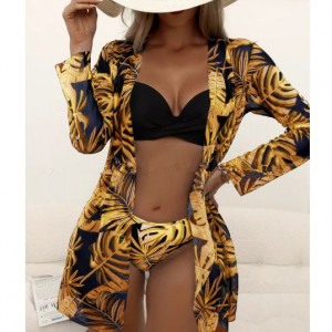 Купальник из 3 частей, арт КП1, цвет: черные и желтые листья