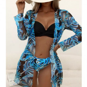 Купальник из 3 частей, арт КП1, цвет:черные и синие листья