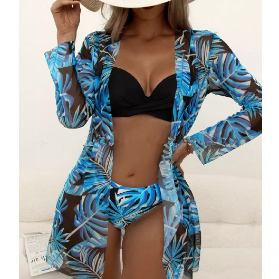 Купальник из 3 частей, арт КП1, цвет:черные и синие листья