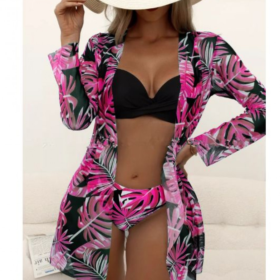 Купальник из 3 частей, арт КП1, цвет: черная роза с красными листьями