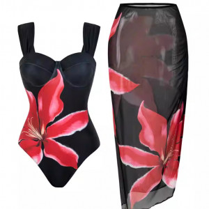 Купальник из 2 частей, арт КП19, цвет: красные цветы на чёрном