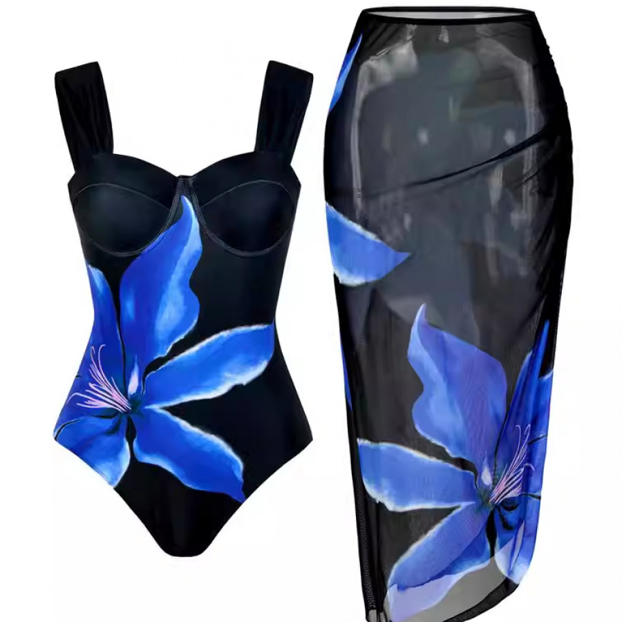 Купальник из 2 частей, арт КП19, цвет: синие цветы на чёрном