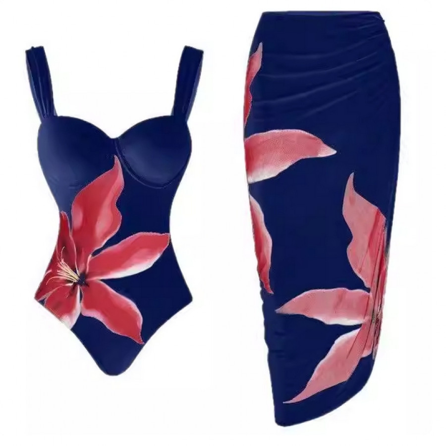 Купальник из 2 частей, арт КП19, цвет: красные цветы на синем